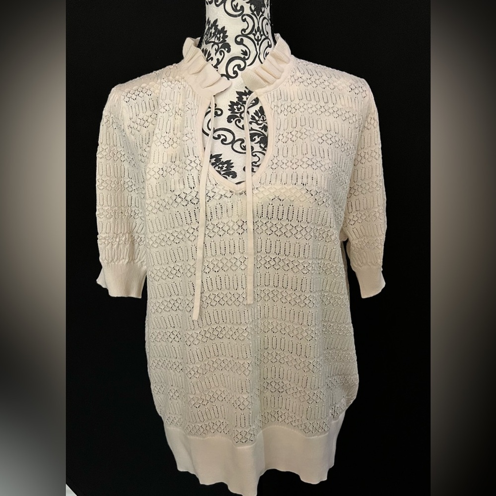 Loft Pointelle Tie Neck Sweater Tee in Whisper White Size XXL NWT